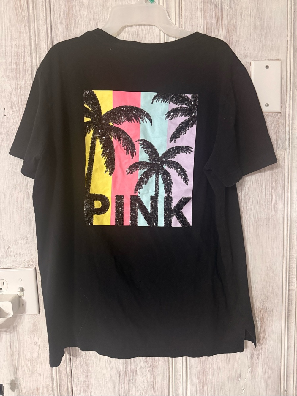 PINK Victoria's Secret Black Tee with Tropical Sequin Stripe Palm Graphic